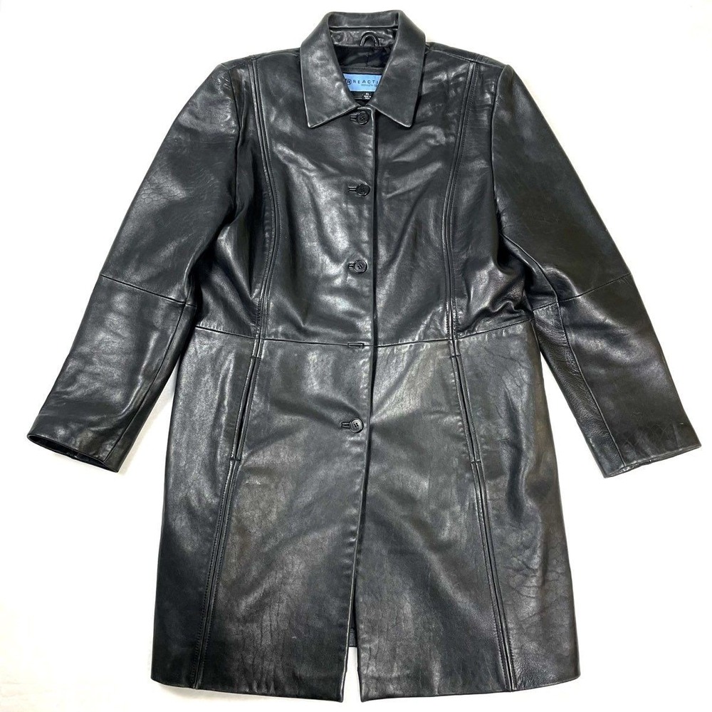 Vintage Y2K Kenneth Cole Reaction Women's Black Genuine Leather Coat Size XL